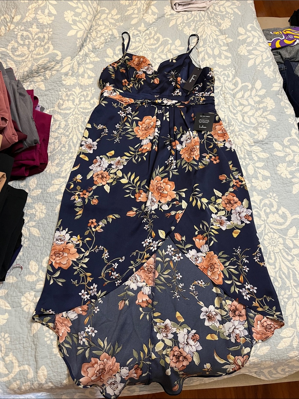 Women’s Navy Floral High-Low Dress with Peach Blooms
